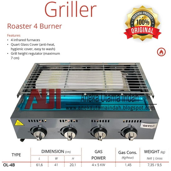 OL-4B Panggangan Sate Bakso Sosis Bakar Getra 4 Tungku Gas Roaster 