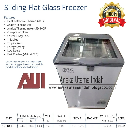GEA SD-100F Chest Freezer Lift-UP Glass Door Freezer 100L - Putih