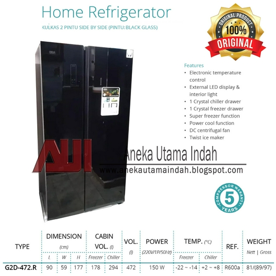 Gea G2D-472.R BLACK GLASS Kulkas Side By Side Kulkas pintu menyamping
