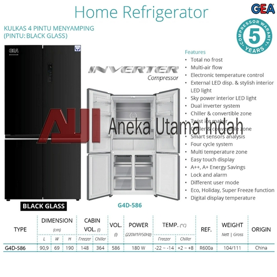 GEA G4D-586 KULKAS SIDE BY SIDE KULKAS 4 PINTU MENYAMPING BLACK GLASS
