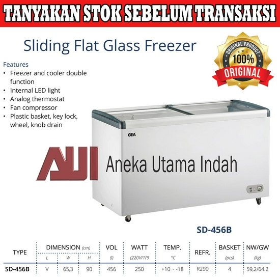 Gea SD-456B SD456B Sliding Flat Glass Freezer Kaca Datar 456 L