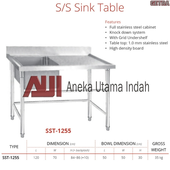 Getra SST-1255 Stainless Steel Sink Table / Meja Cuci Piring Stainless