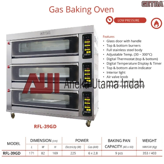 Getra RFL-39GD Oven 3 Deck 9 Loyang - Gas Baking Oven - Oven Roti