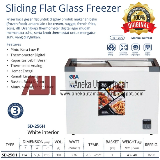 Gea SD-256H Sliding Flat Glass Freezer Kulkas Kaca Pembeku Ice Cream