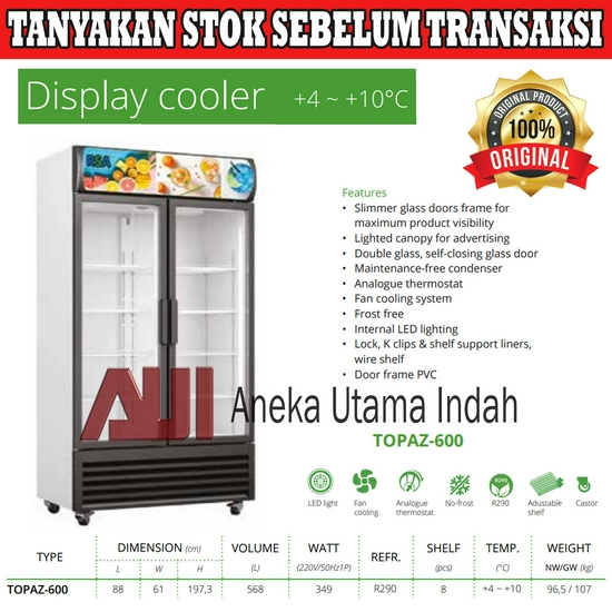 RSA TOPAZ-600 Showcase 2 Pintu Display Cooler Lemari Pendingin Minuman