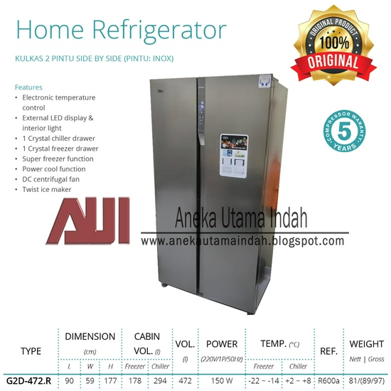 Gea G2D-472.R Kulkas Side By Side Kulkas 2 Pintu Menyamping Rumah Inox
