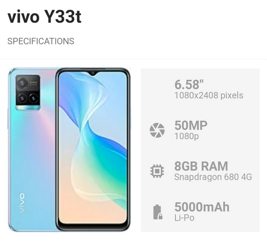 Vivo Y33t Ram 8GB+4GB Extended Rom 128GB - Garansi Resmi 
