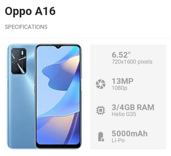 Oppo A16 Ram 3GB Rom 32GB - Garansi Resmi