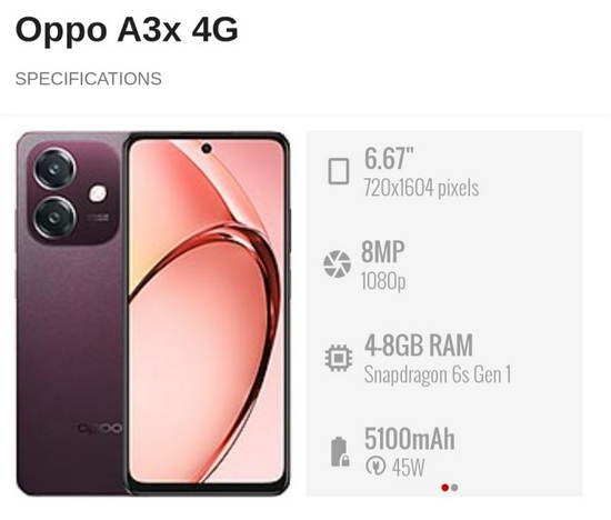 Oppo A3X 4G 4/64GB Qualcomm Snapdragon 6s Gen 1 5100mAh Garansi Resmi