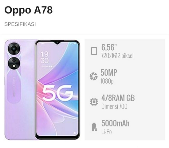 Oppo A78 5G Ram 8GB Rom 128GB - Garansi Resmi 