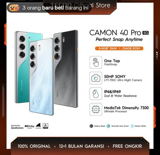 TECNO CAMON 40 PRO 5G 8/256GB RESMI