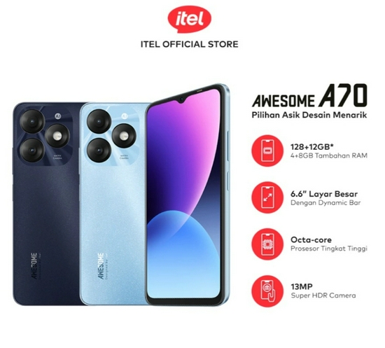 itel A70 4GB/128GB - 13MP Super HDR Camera - Big Screen with Dynamic Bar - 5000mAh Big Battery - Garansi Resmi