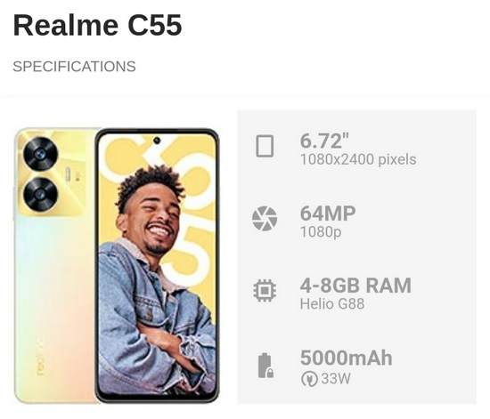 Realme C55 6/128GB NFC Mediatek Helio G88 (12 nm) 33W SUPERVOOC Charge Garansi Resmi