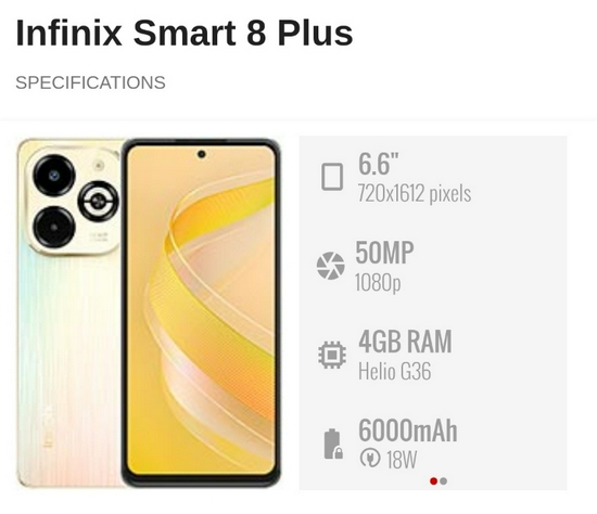 Infinix Smart 8 Plus 4/128GB 18W 6000mAh Mediatek Helio G36 (12 nm) Garansi Resmi