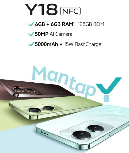 vivo Y18 4GB+4GB/128GB, NFC Multifunctions MediaTek, 5000mAh+15W Flash Charger - Garansi Resmi