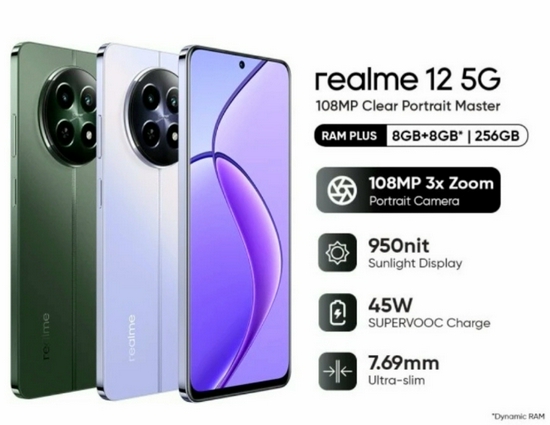 Realme 12 5G 8GB+8GB*|256GB (108MP 3X Zoom Portrait Camera | Mediatek Dimensity 6100+ (6 nm) - Garansi Resmi