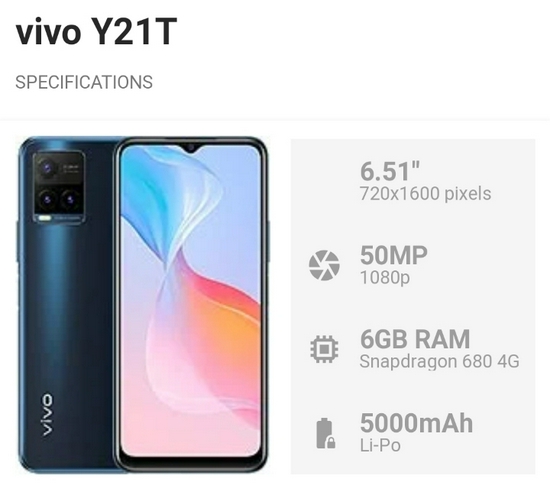 Vivo Y21t Ram 6GB Rom 128GB - Garansi Resmi